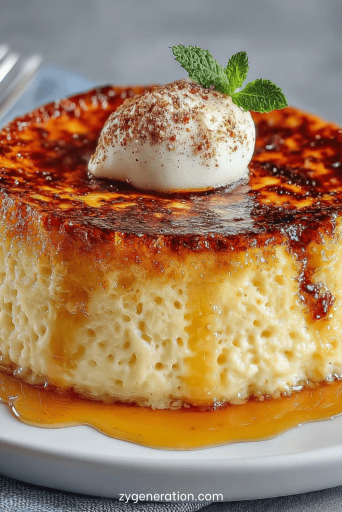 Flan du boulanger crémeux avec surface dorée légèrement caramélisée et texture fondante, servi en parts épaisses sur une assiette.