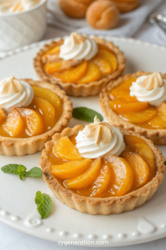 Tartelettes aux pêches de crème légère au yaourt et décorées de lamelles de pêches fraîches, avec un filet de miel en finition.