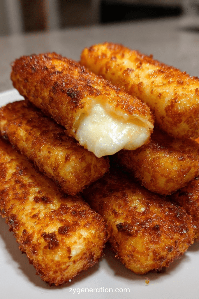 Bâtonnets croustillants au fromage dorés à l’air fryer, avec cœur fondant, disposés sur une assiette avec texture croustillante visible.