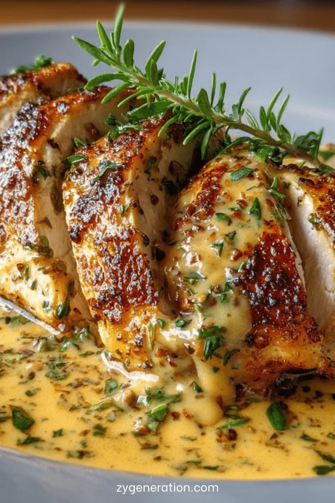 Blanc de poulet dorés à la poêle nappés d’une sauce crémeuse au miel et à la moutarde, servis chauds dans une assiette avec une garniture maison.