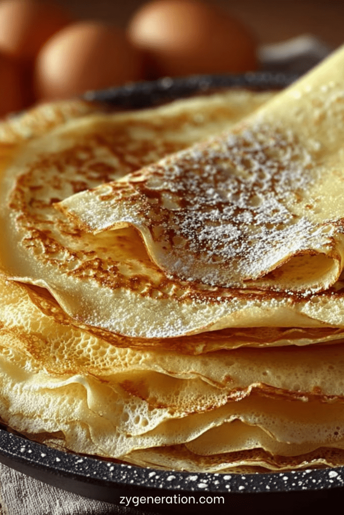 Pâte à crêpes fines et dorées empilées, préparées maison, avec une texture légère et moelleuse, servies pour un goûter gourmand.
