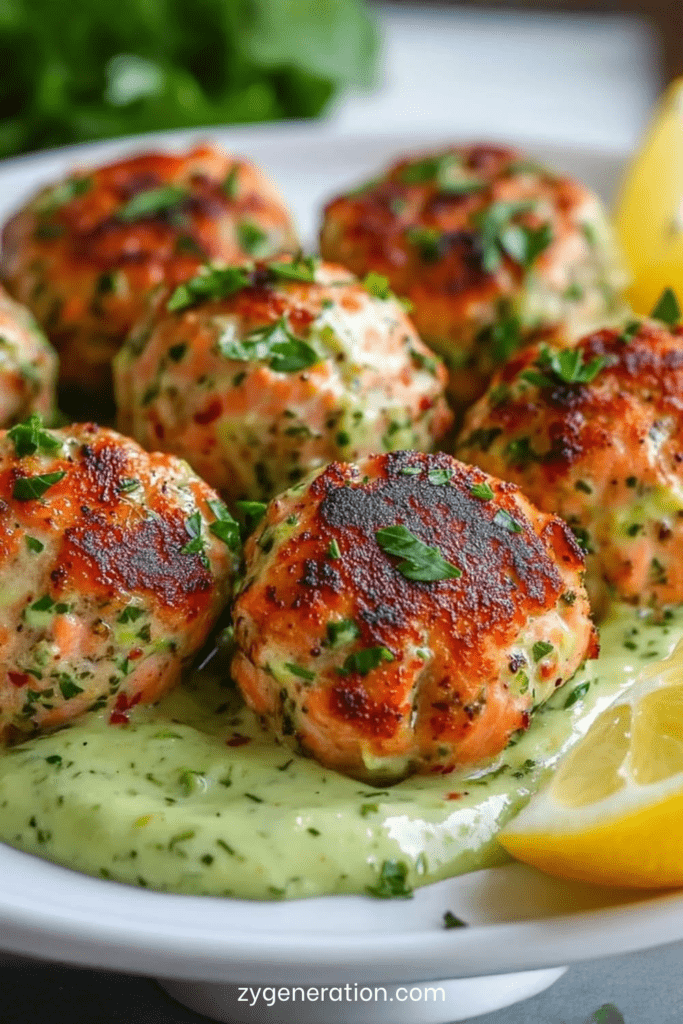 Boulettes de saumon dorées au four servies avec une crème d’avocat onctueuse et citronnée, dressées avec des herbes fraîches dans une assiette moderne.
