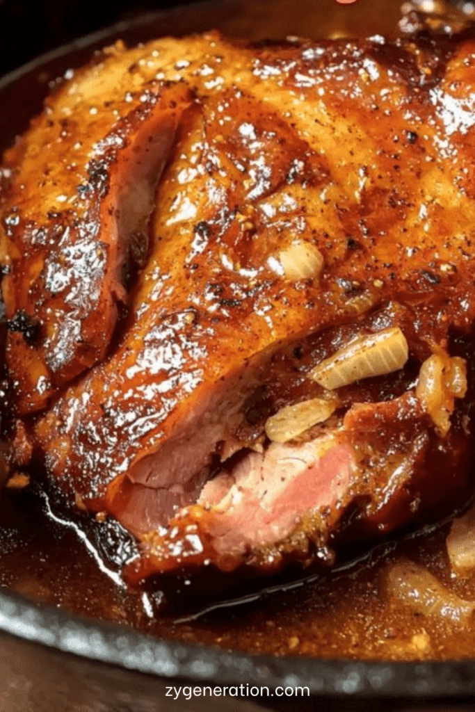 Rouelle de porc mijotée longuement avec des oignons caramélisés et une sauce brune onctueuse, servie en morceaux fondants dans une assiette rustique.