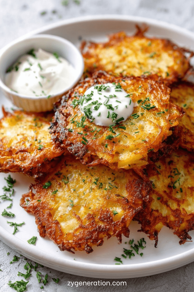 Galettes de pommes de terre dorées et croustillantes servies chaudes avec une crème aux herbes, présentées dans une assiette rustique.