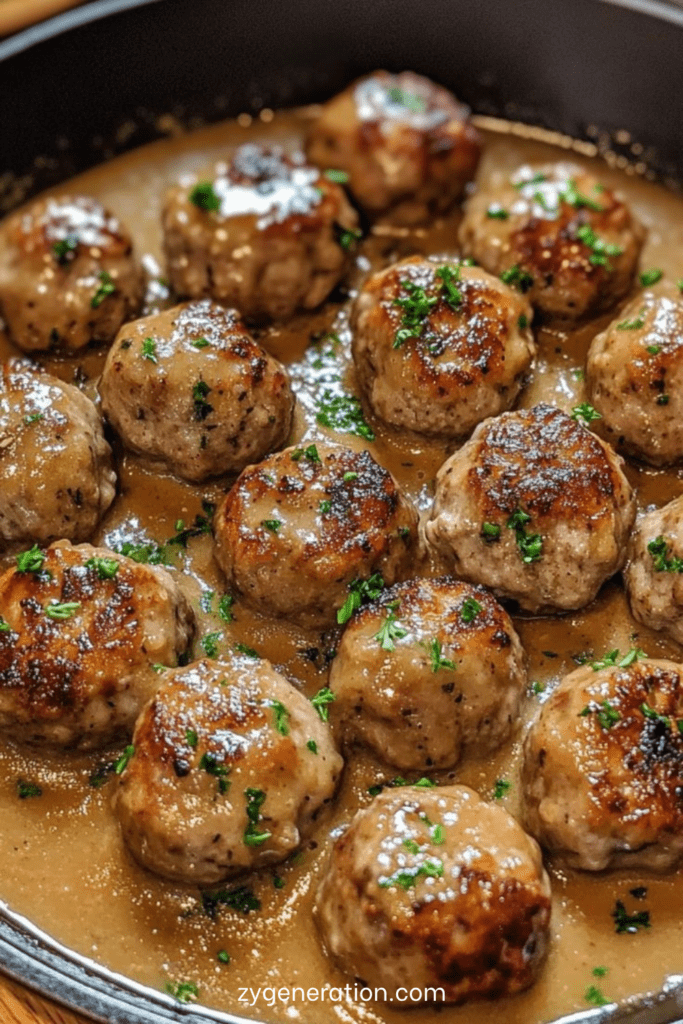 Boulettes de viande dorées nappées d’une sauce brune onctueuse, servies chaudes avec du persil frais dans une assiette généreuse.