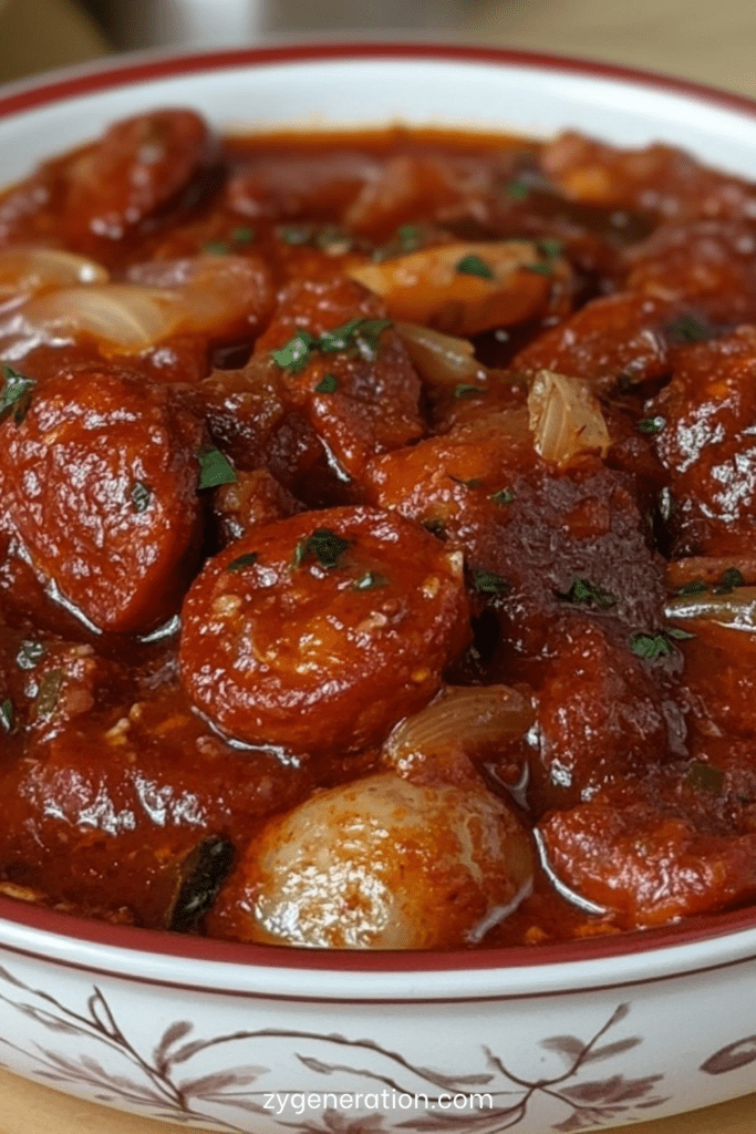 Ragoût rustique au chorizo avec pommes de terre fondantes, carottes et sauce tomate épaisse, servi chaud dans une cocotte avec persil frais.