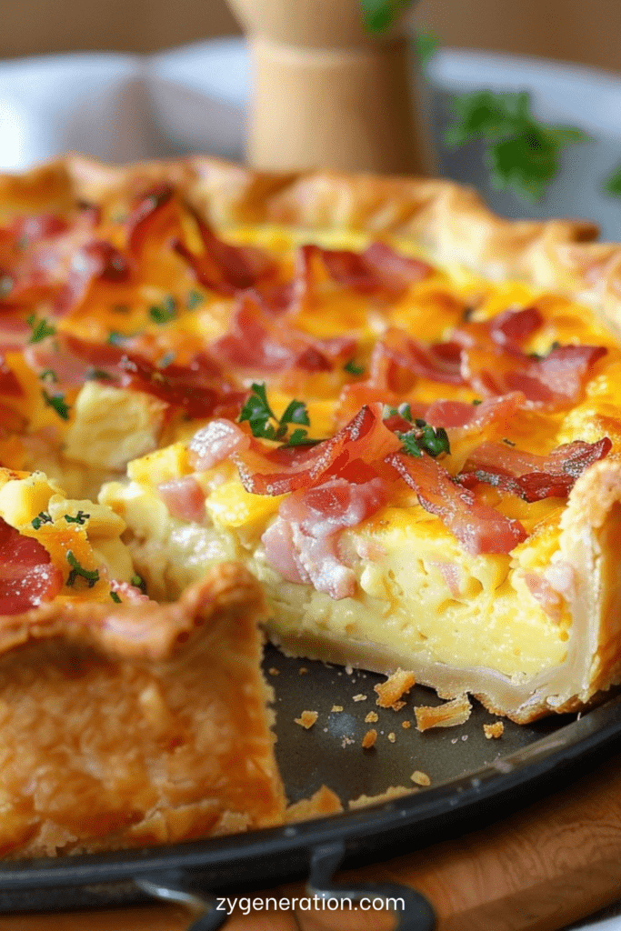 Quiche économique aux lardons dorée au four, avec pâte brisée croustillante et appareil crémeux, servie en parts avec une texture fondante.