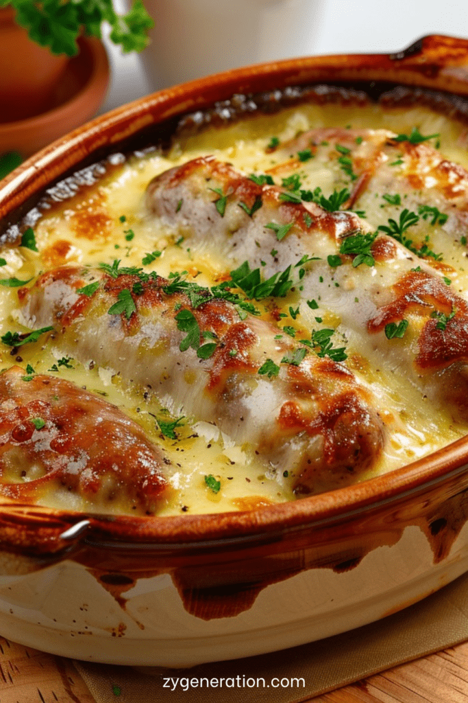 Andouillette gratinée au four avec fromage doré et sauce à la moutarde, servie chaude dans un plat à gratin avec une texture fondante et croustillante.
