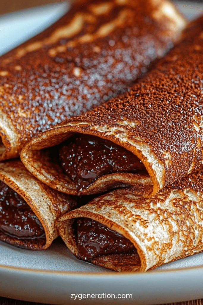 Crêpes roulées au chocolat garnies de pâte à tartiner, coupées en deux et saupoudrées de sucre glace, avec une texture moelleuse et un aspect gourmand.