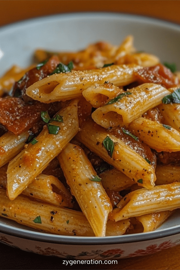 Pennes rustiques à la saucisse et sauce tomate maison, garnies de persil frais et parmesan, servies chaudes dans une assiette.