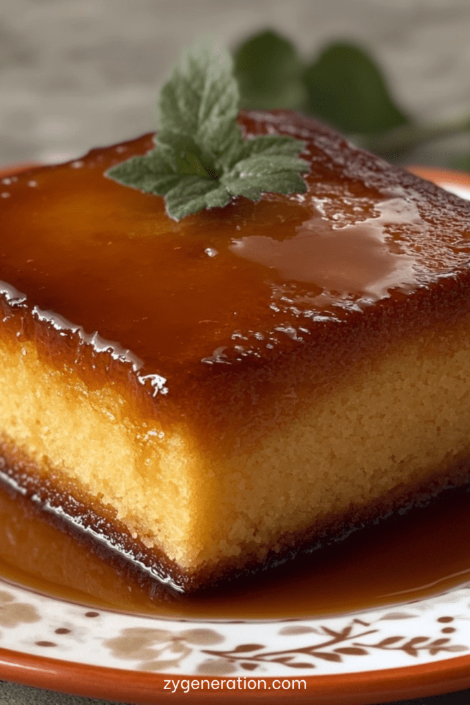 Gâteau au caramel fondant démoulé avec un nappage caramel brillant coulant sur le dessus, texture moelleuse et dorée, servi en parts.