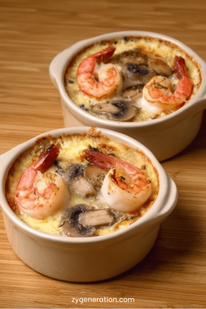 Cassolette de Saint-Jacques, crevettes et champignons dans une sauce crémeuse gratinée, servie bien chaude avec persil frais et croûte dorée.