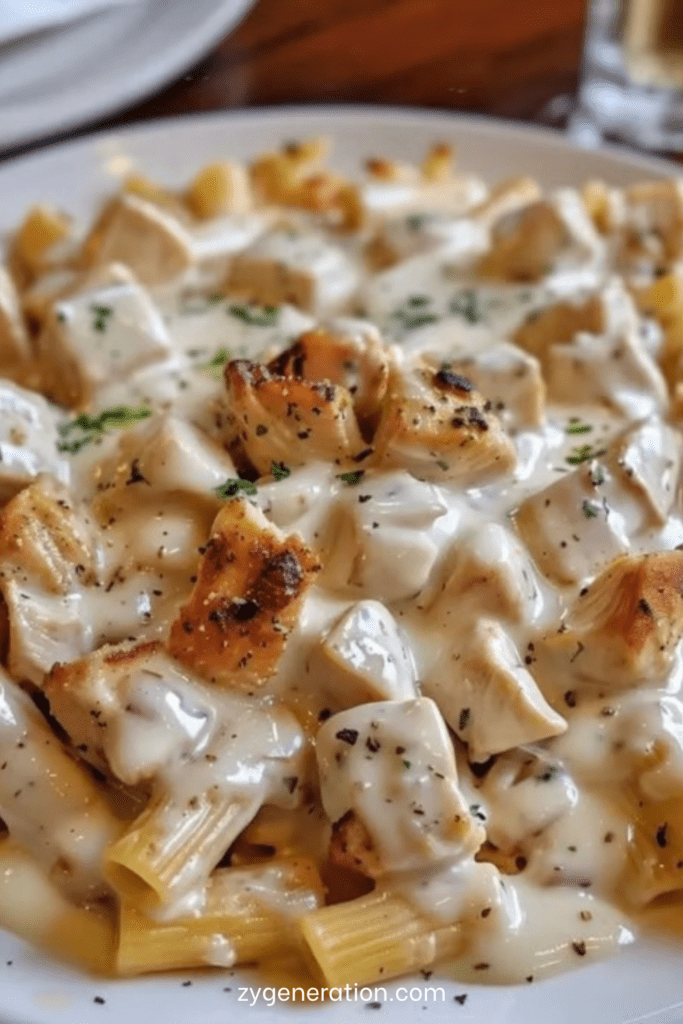 Assiette de pâtes au poulet nappées d’une sauce crémeuse au Boursin, avec morceaux de poulet dorés et persil frais, servie chaude.