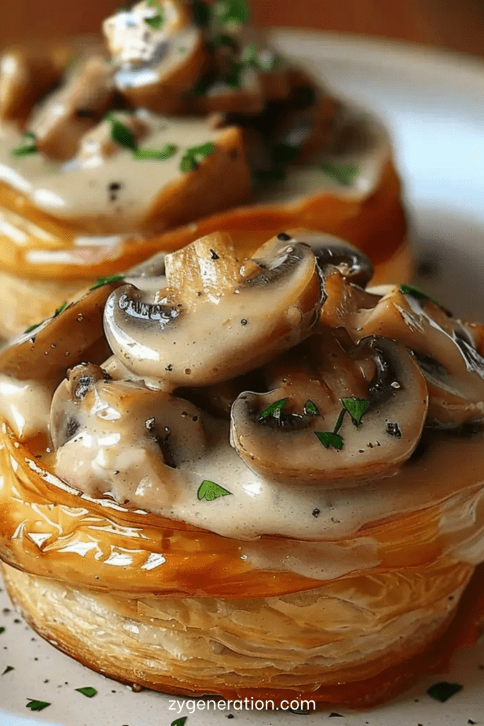 Vol-au-vent poulet croustillant et tendre et champignons dans une sauce crémeuse, décoré de persil frais et servi chaud.