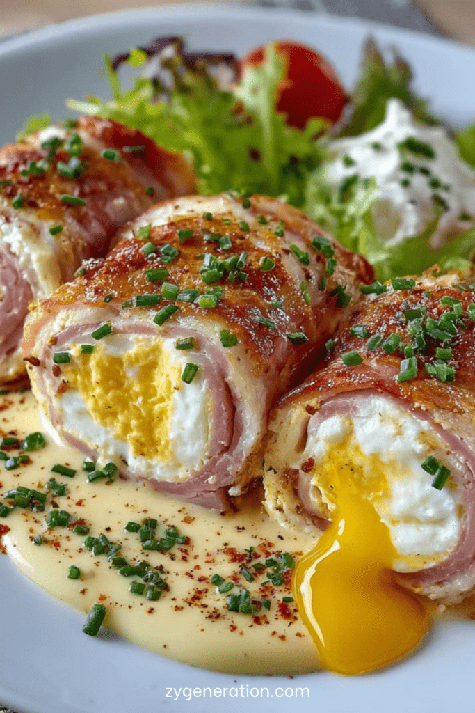Rouleaux de jambon garnis d’œufs mimosa crémeux, décorés de ciboulette et paprika, présentés en assiette pour une entrée fraîche.