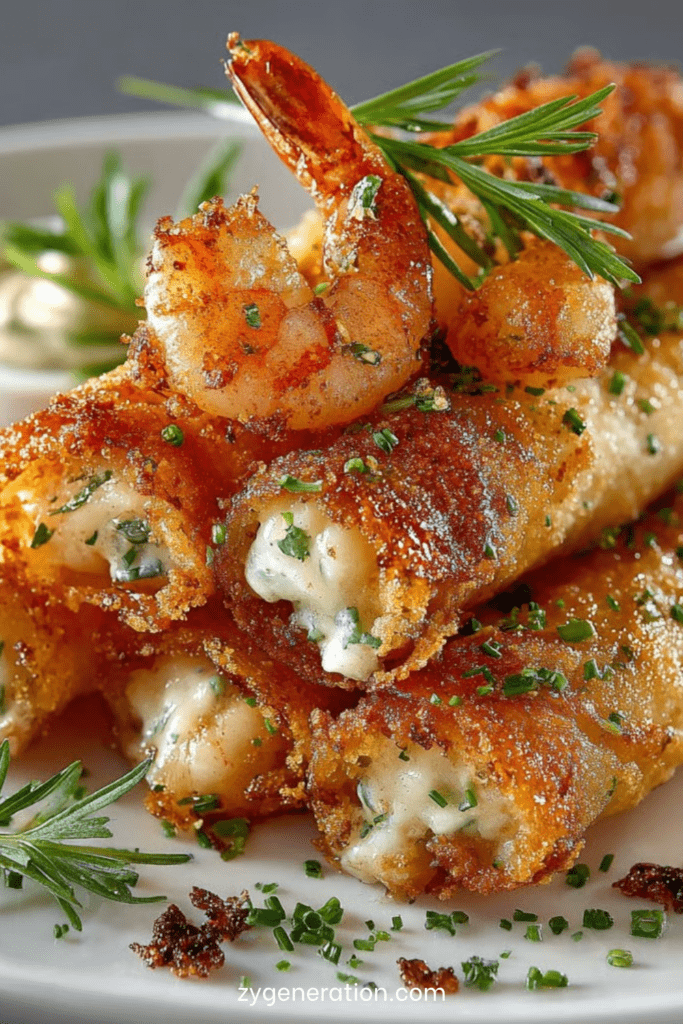 Cigares croustillants aux crevettes et ail dorés à la poêle, servis chauds avec sauce, herbes fraîches et texture bien croustillante.