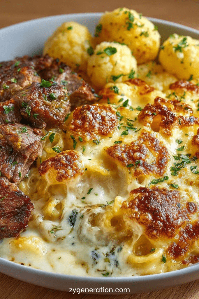 Gratin de coquillettes au fromage à raclette fondu et bœuf doré, servi chaud avec une texture ultra crémeuse et gratinée.