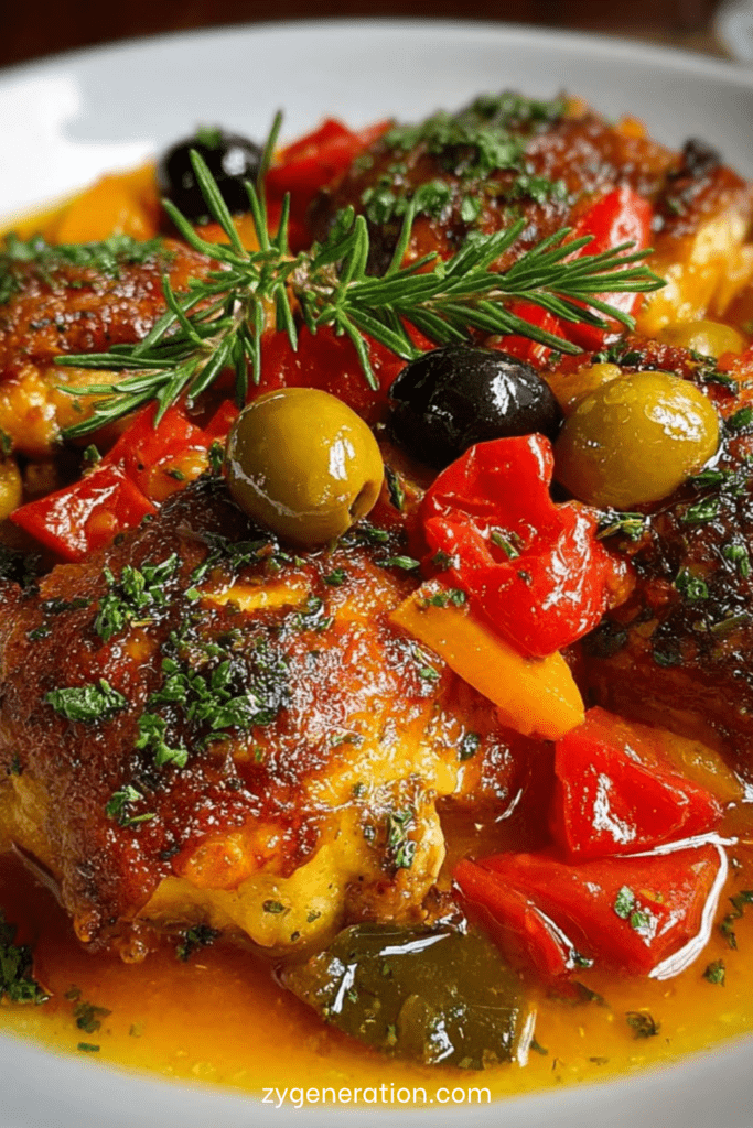 Cuisses de poulet méditerranéen mijotées avec poivrons colorés, olives et sauce tomate aux herbes, servies chaudes dans un plat méditerranéen.