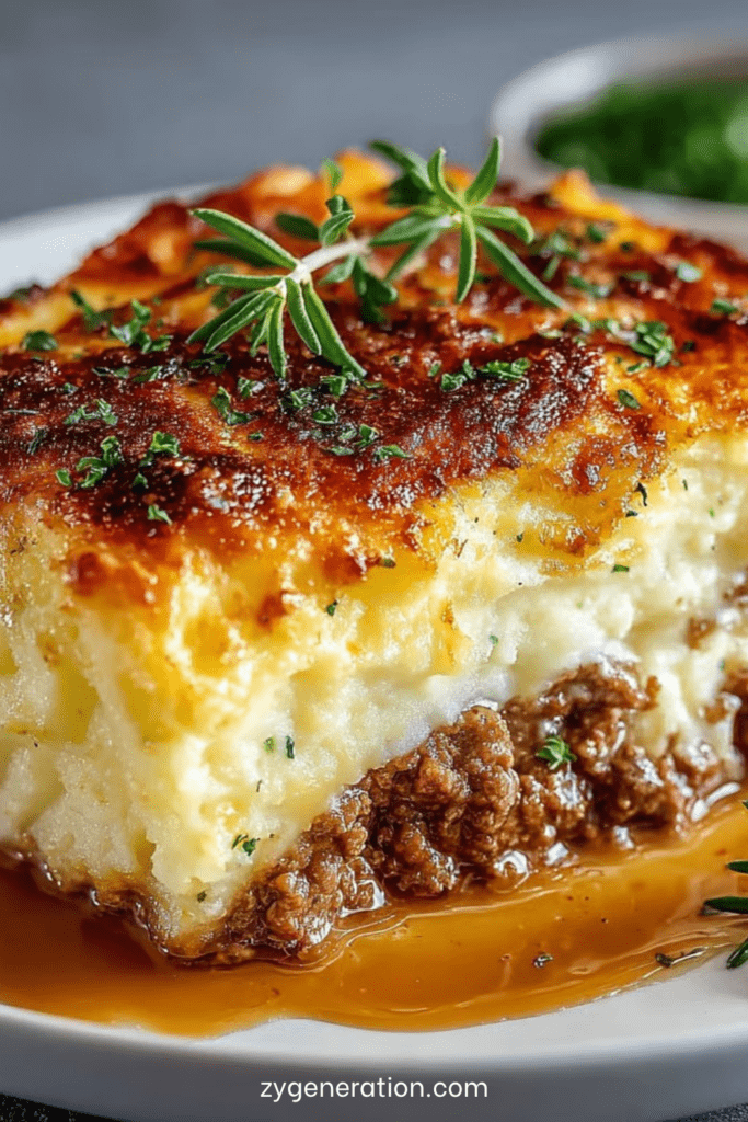 Hachis Parmentier gratiné avec purée de pommes de terre dorée et viande de bœuf mijotée, servi chaud dans un plat familial.