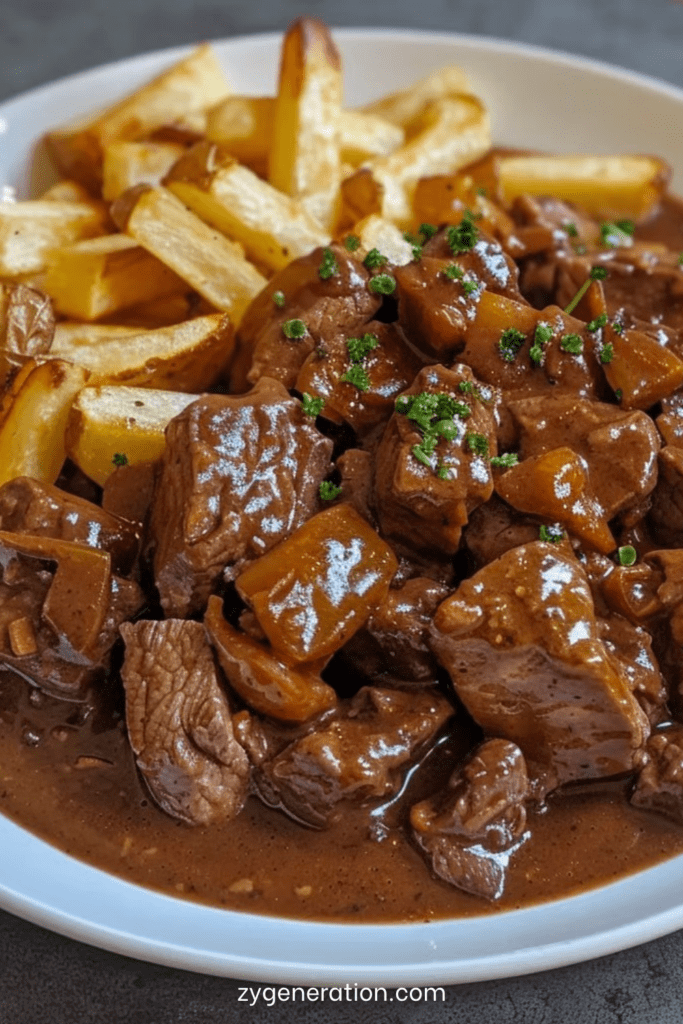 Carbonade flamande au bœuf mijoté dans une sauce brune épaisse avec oignons et bière, servie avec des frites croustillantes.