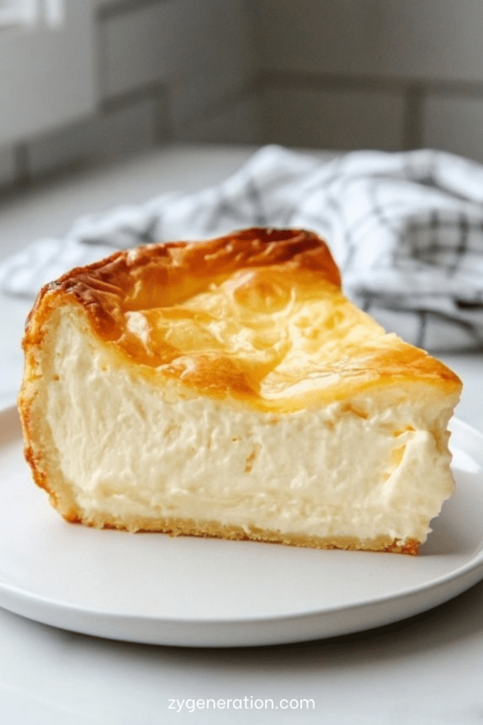 Cheesecake allemand maison au fromage blanc, légèrement doré, fondant et aérien, servi en parts sur un plat avec une texture crémeuse et une touche de citron.