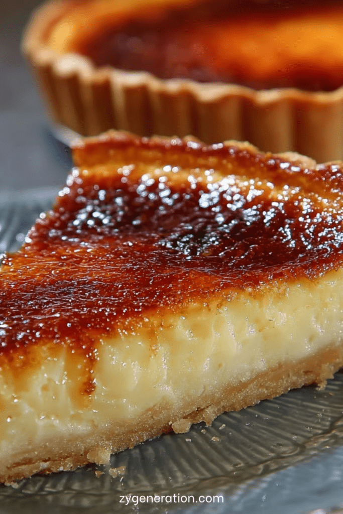 Tarte au flan grand-mère maison avec pâte brisée croustillante, flan vanillé épais, texture fondante et dessus légèrement doré et caramélisé.