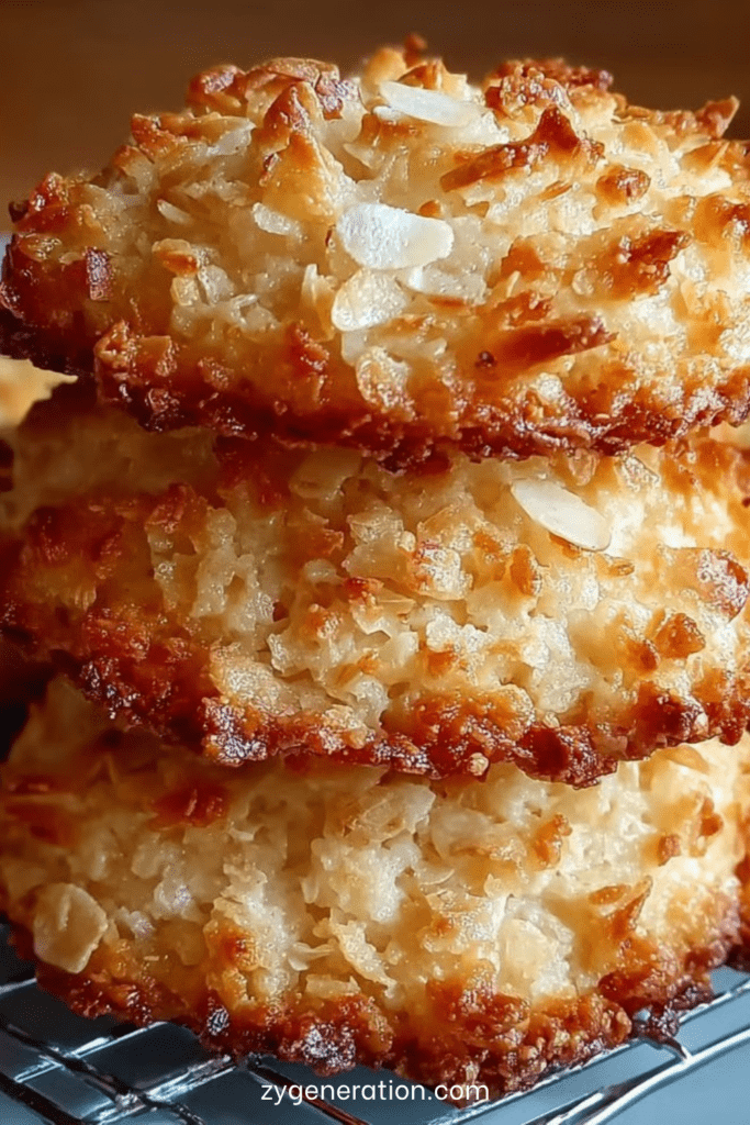 Biscuits coco allégés, dorés et légèrement croustillants, texture moelleuse à l’intérieur, présentés sur une plaque avec une apparence artisanale.