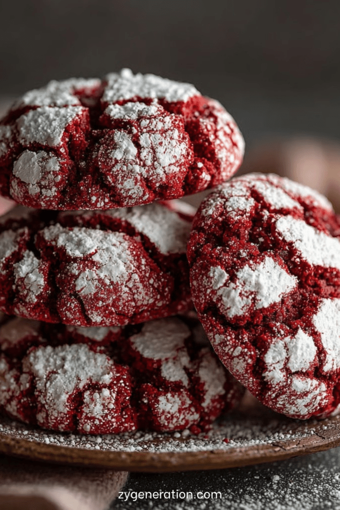 Biscuits crinkles red velvet maison, rouges et craquelés, enrobés de sucre glace, texture moelleuse au centre et légèrement croustillante à l’extérieur.