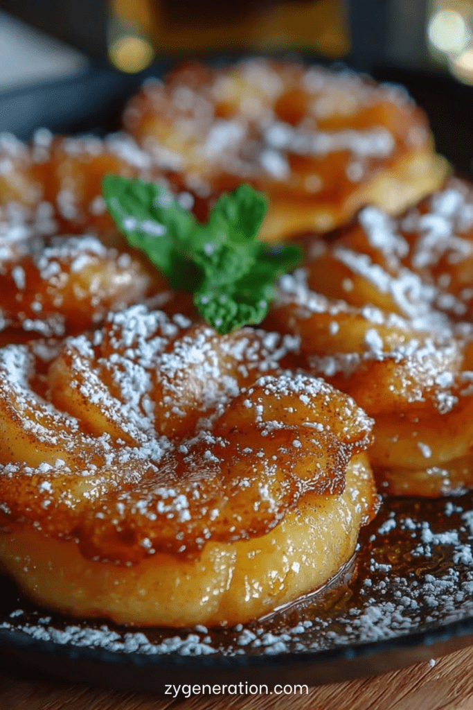Beignets de pommes maison cuits à la poêle, dorés et moelleux, légèrement caramélisés, servis avec sucre glace et texture fondante.