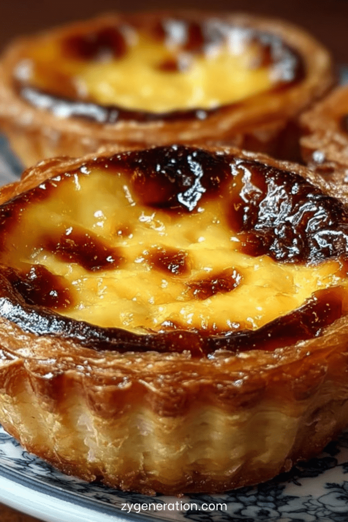 Pastéis de nata maison dorés, pâte feuilletée croustillante et crème onctueuse légèrement caramélisée avec des taches brunes typiques.
