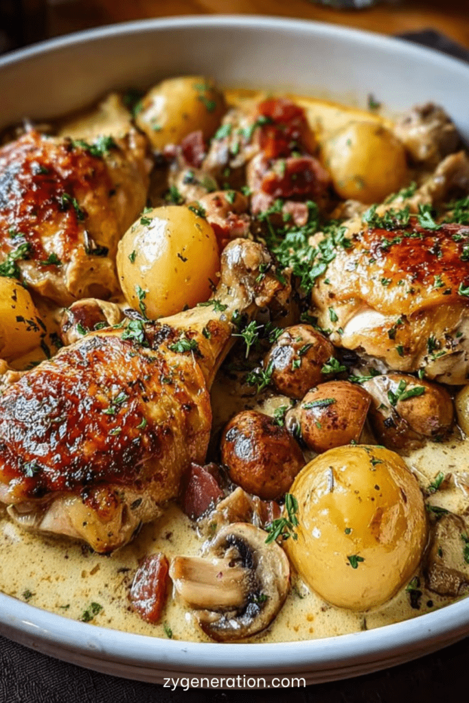 Poulet à la normande mijoté en sauce crémeuse au cidre avec pommes fondantes et champignons, servi chaud dans une cocotte rustique.