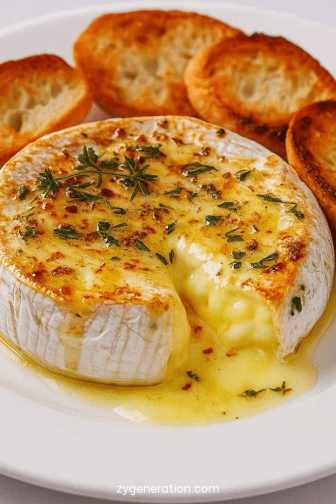 Camembert fondant entier fondu au four avec thym et ail, texture coulante, servi dans sa boîte avec pain croustillant à tremper.