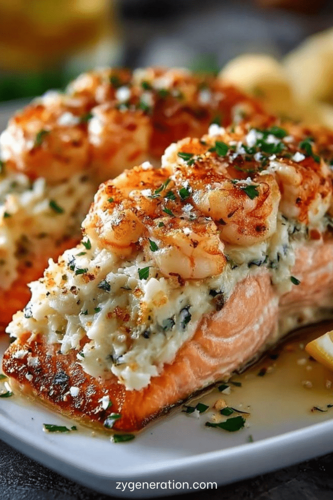 Filet de saumon farci au crabe et aux crevettes, garni de persil frais et légèrement doré au four dans un plat de cuisson.