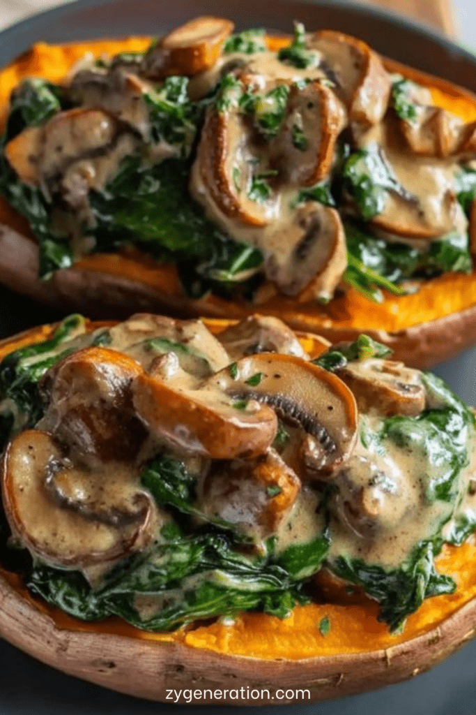 Patates douces rôties au four garnies d’épinards et champignons crémeux, parsemées de parmesan et persil frais dans une assiette.
