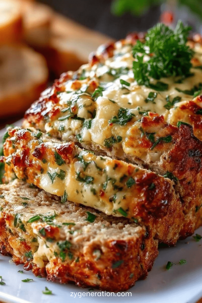 Pain de viande de poulet à l’ail et au parmesan doré au four, tranché et garni de persil frais sur une assiette.