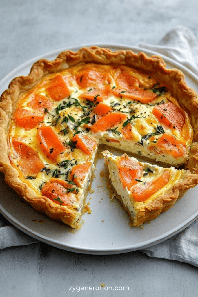 Quiche au saumon fumé dorée au four avec garniture crémeuse aux œufs et herbes fraîches dans un moule à tarte.
