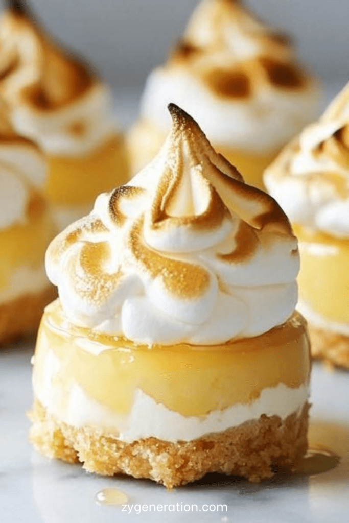 Mini cheesecakes au citron avec base biscuitée croustillante et meringue dorée légèrement caramélisée sur le dessus.