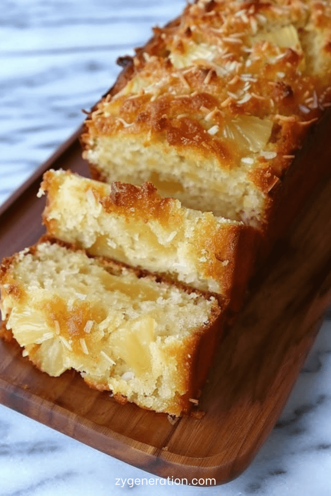 Pain moelleux à l’ananas et noix de coco doré au four avec morceaux d’ananas visibles et texture tendre.