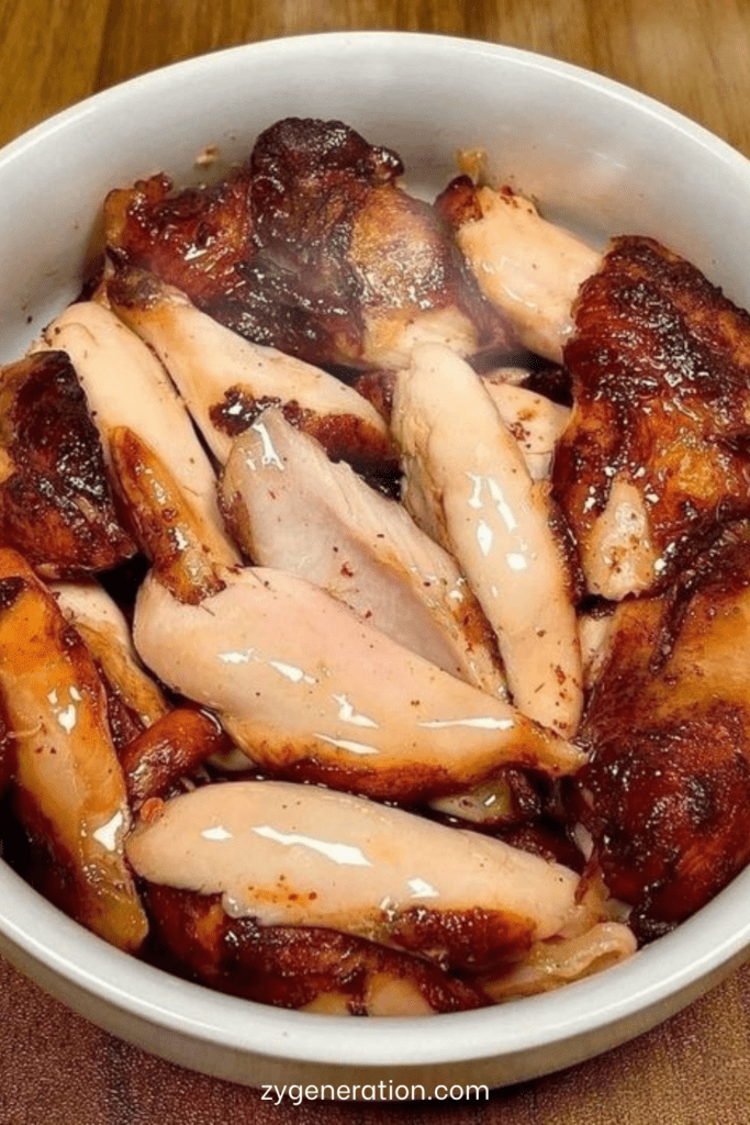 Morceaux de poulet caramélisé au miel et à l’ail nappés d’une sauce brillante et servis avec persil frais.