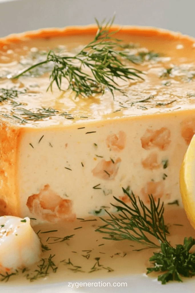 Flan de poisson au saumon et citron démoulé sur assiette, texture fondante, parsemé d’aneth frais, accompagné de rondelles de citron.