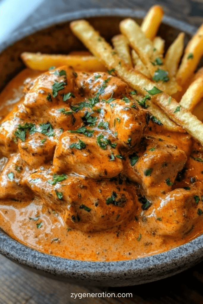 Morceaux de poulet nappés de sauce crémeuse au paprika servis avec frites dorées et croustillantes dans une assiette.