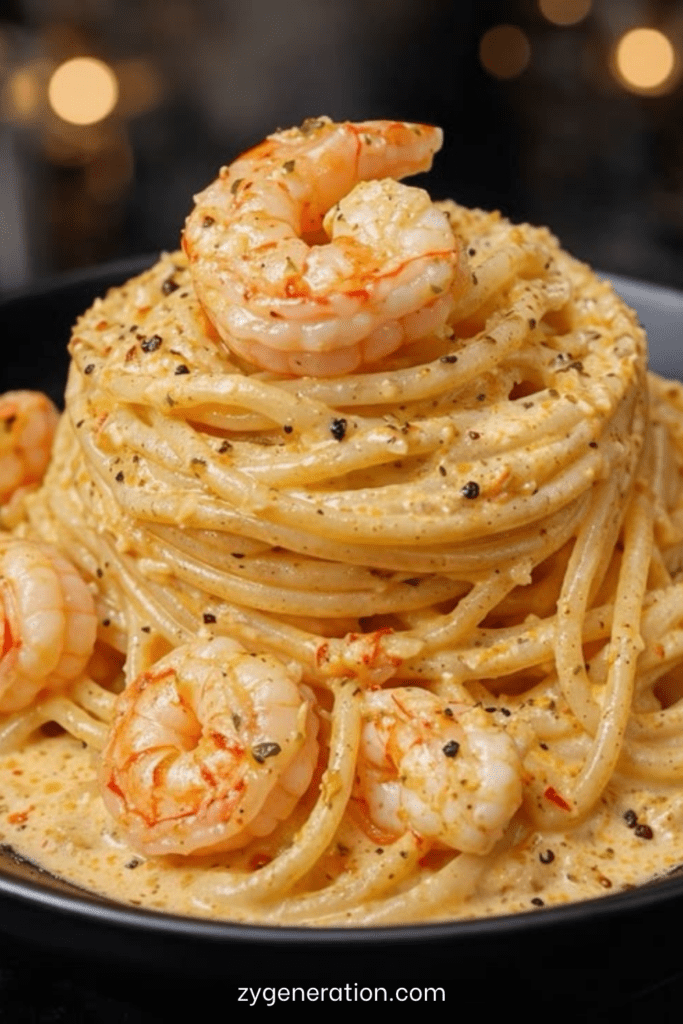 Volcan de pâtes spaghetti crémeux au parmesan garni de crevettes dorées et persil frais dans une assiette.