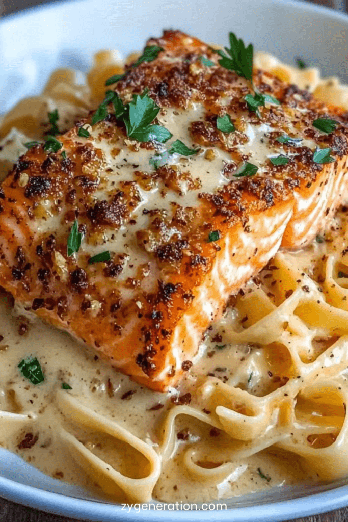 Fettuccine crémeuses au beurre et à l’ail garnies d’un filet de saumon doré et de persil frais dans une assiette.