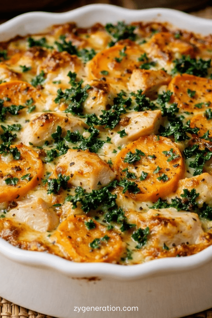 Gratin léger au kale, patate douce et poulet doré au four avec texture crémeuse et légumes visibles dans un plat.