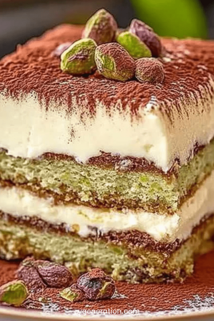 tiramisu à la pistache crémeux avec couche de mascarpone à la pistache, biscuits imbibés de café et pistaches concassées sur le dessus