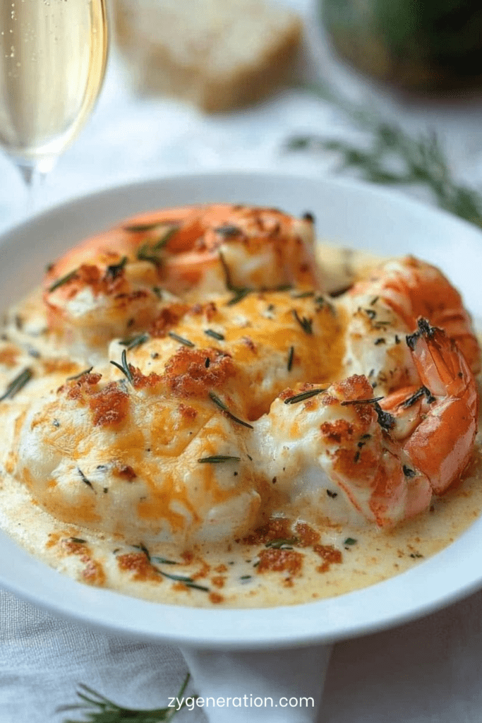 crevettes dorées dans une sauce crémeuse à l’ail et parmesan légèrement gratinée avec persil frais dans une poêle