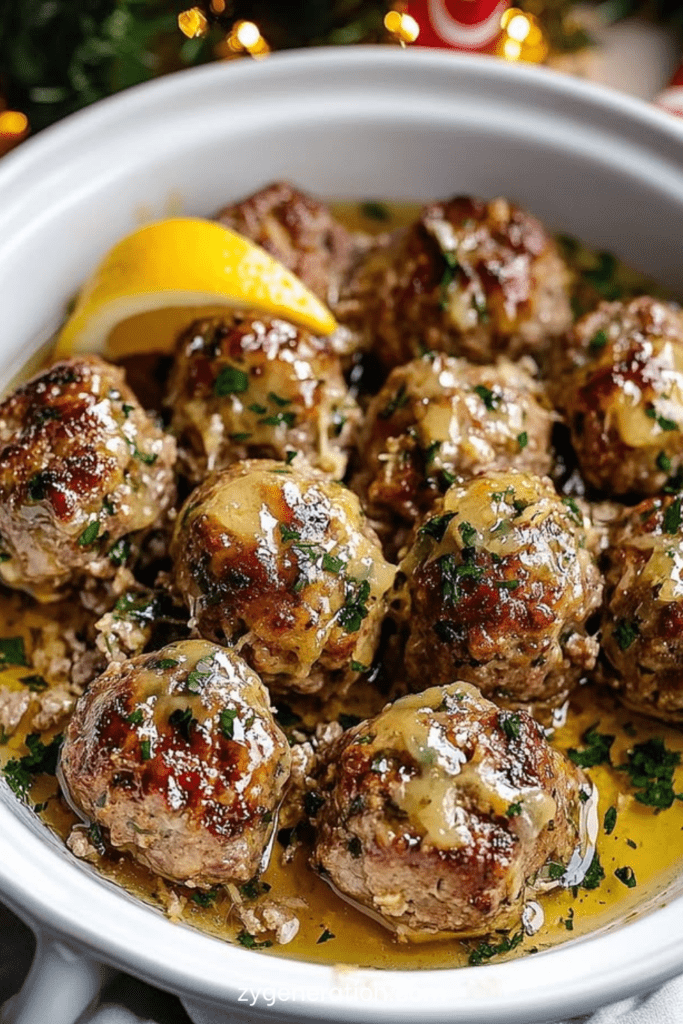 boulettes de dinde dorées au four nappées d’une sauce citronnée au beurre avec persil frais dans une assiette