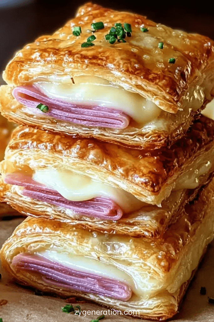 croustillants feuilletésau jambon et fromage dorés au four avec pâte feuilletée gonflée et cœur fondant