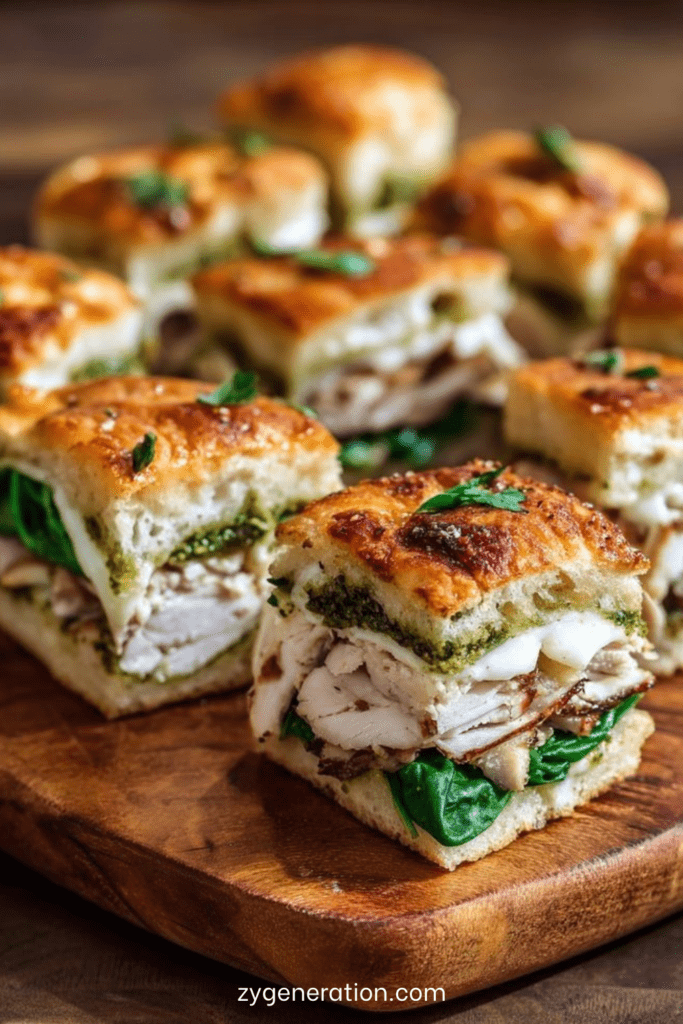 mini sandwichs focaccia garnis de poulet, pesto, mozzarella fondante et jeunes pousses d’épinards coupés en petits carrés