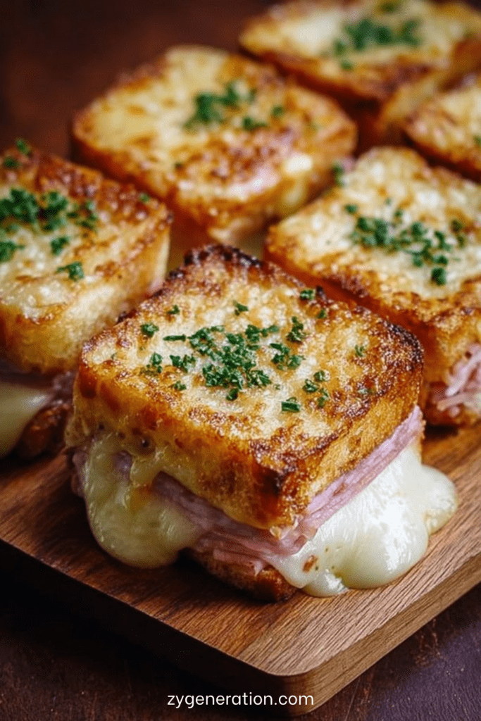 petits croques croustillants au jambon et fromage dorés à la poêle avec persil frais